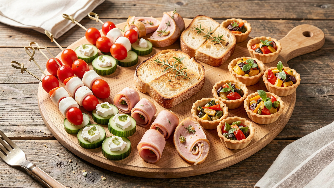 Assortiment coloré de bouchées apéritives faciles et rapides, présenté sur un plateau en bois avec tomates, mozzarella, concombre, roulés de jambon et petites tartelettes.