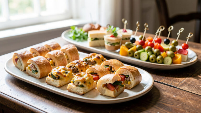 Table élégante avec des bouchées salées froides variées, des mini-sandwiches et des brochettes d’olives, disposées sur des plats en céramique sous une lumière naturelle.