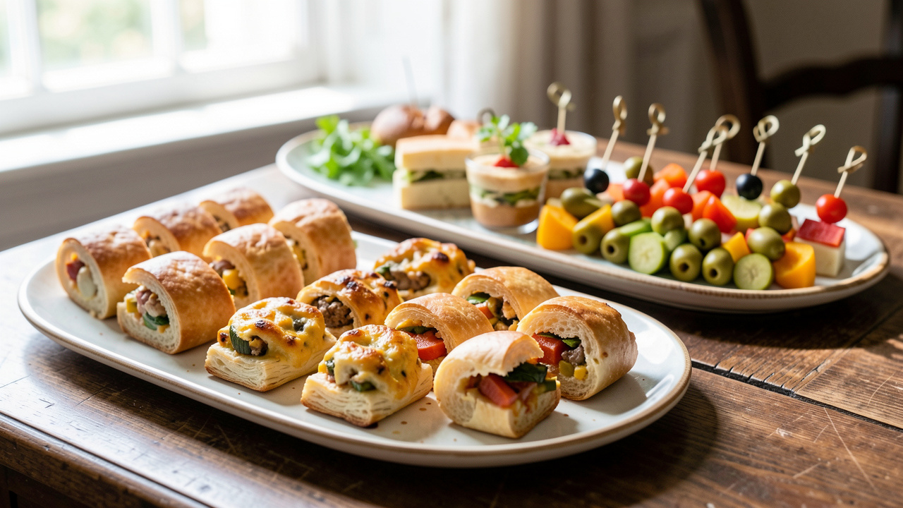 Table élégante avec des bouchées salées froides variées, des mini-sandwiches et des brochettes d’olives, disposées sur des plats en céramique sous une lumière naturelle.