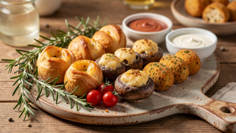 Assortiment de bouchées salées dorées au fromage, présenté sur une planche rustique avec herbes fraîches, tomates cerises et sauces.
