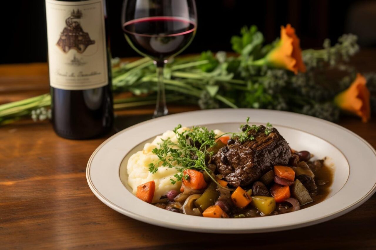 Bœuf bourguignon servi dans une cocotte avec un verre de vin rouge à table.