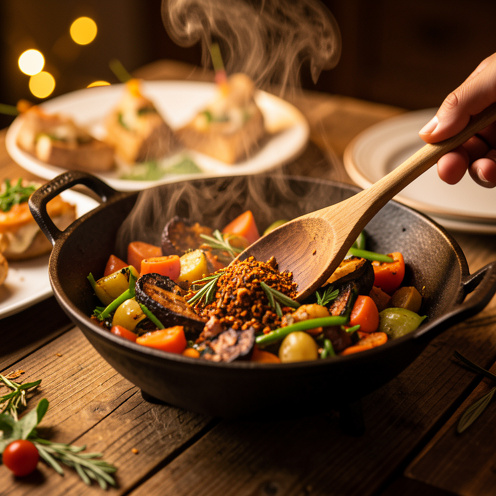 Wok en fonte avec légumes qui sautent et vapeur, cuillère en bois en train de mélanger sur une table en bois rustique, ambiance apéritif chaud et convivial.