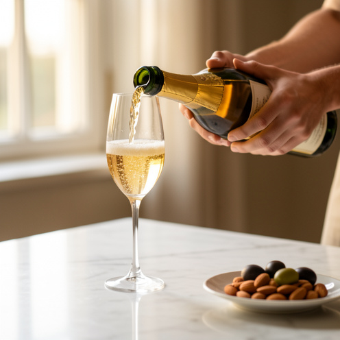 Une coupe de champagne doré se remplit de bulles fines, avec une bouteille versée et, sur une table en marbre, des olives et des amandes salées pour un apéritif élégant.