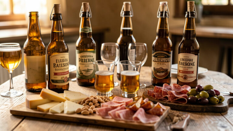 Table en bois chaleureuse avec des verres et des bouteilles de bières artisanales, accompagnés d’un assortiment de fromages et de charcuterie pour un apéritif dinatoire.