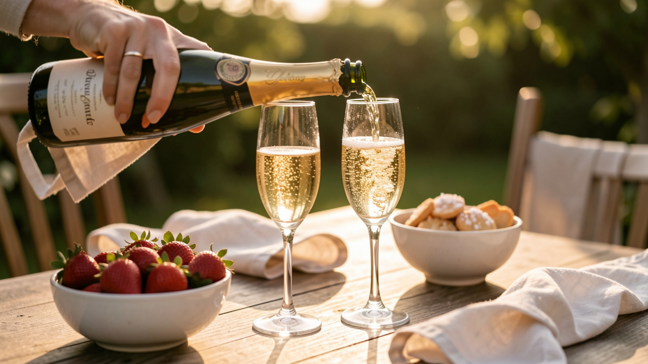 Bouteille de vin pétillant ouverte et versée dans des flûtes, bulles visibles, ambiance estivale sur une table en extérieur avec fraises et apéritif léger.