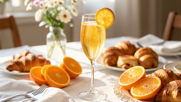 Cocktail mimosa pétillant servi dans une flûte, accompagné d’oranges fraîches et de douceurs de brunch sur une table lumineuse.