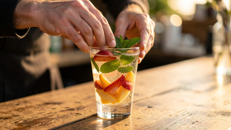 Mains préparant un cocktail pétillant de saison sans alcool dans un verre clair, avec bulles, fruits frais et feuilles de menthe, lumière dorée naturelle sur une table en bois.