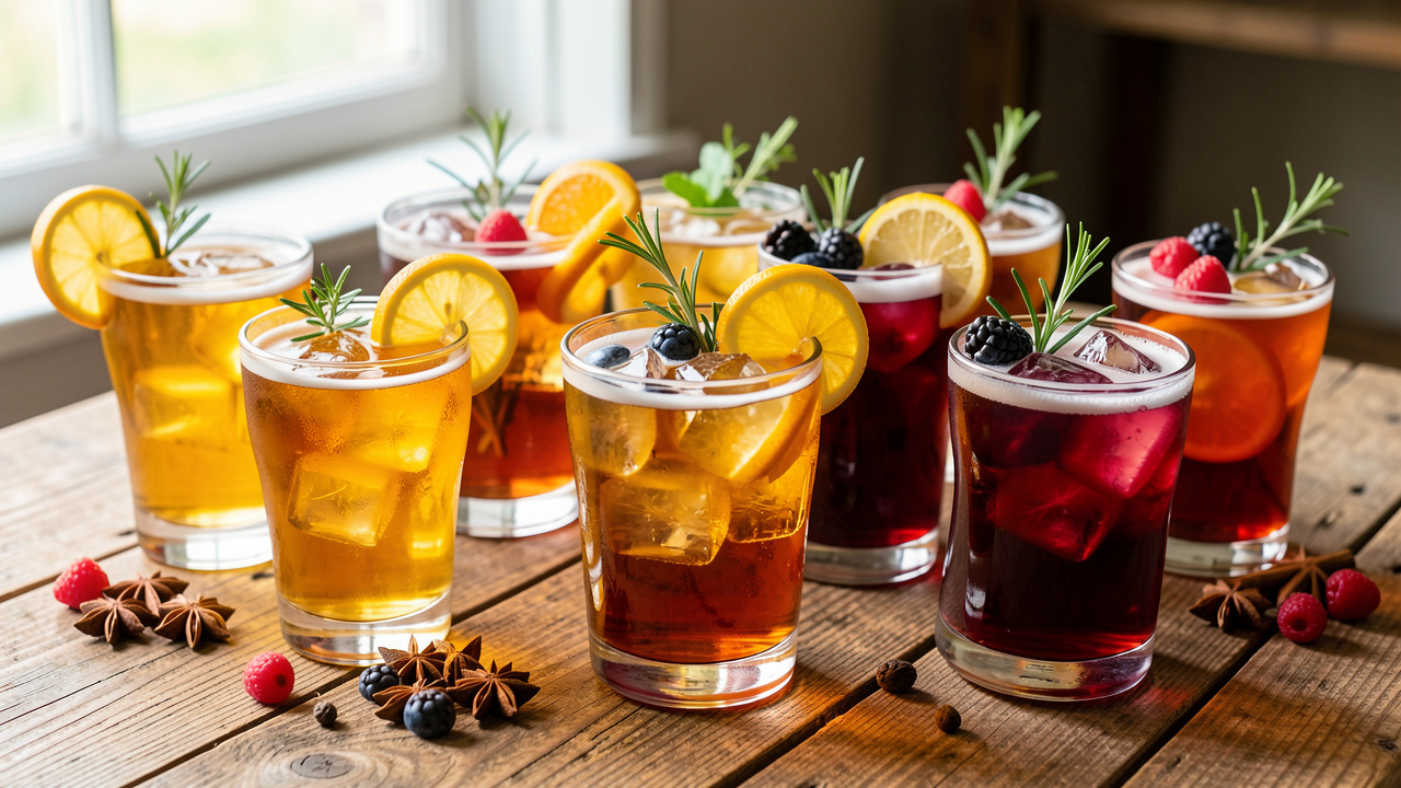 Sélection de six cocktails à la bière colorés, servis dans des verres variés et garnis d’agrumes, d’herbes fraîches, de fruits rouges et d’épices sur une table en bois.