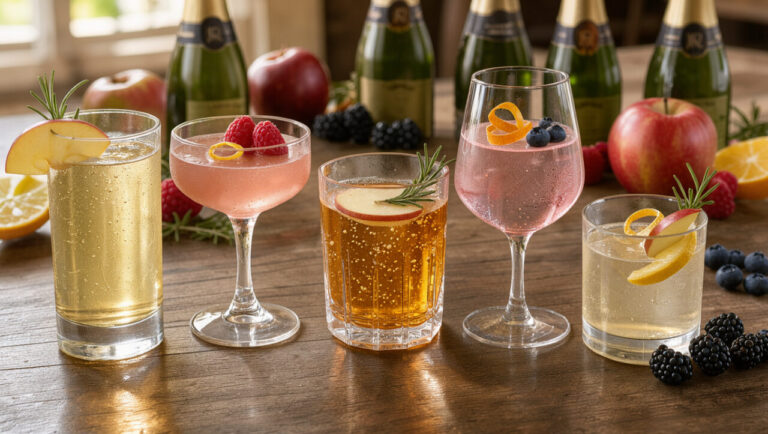 Cinq cocktails frais à base de cidre, décorés de fruits, d’herbes aromatiques et d’agrumes sur une table en bois.