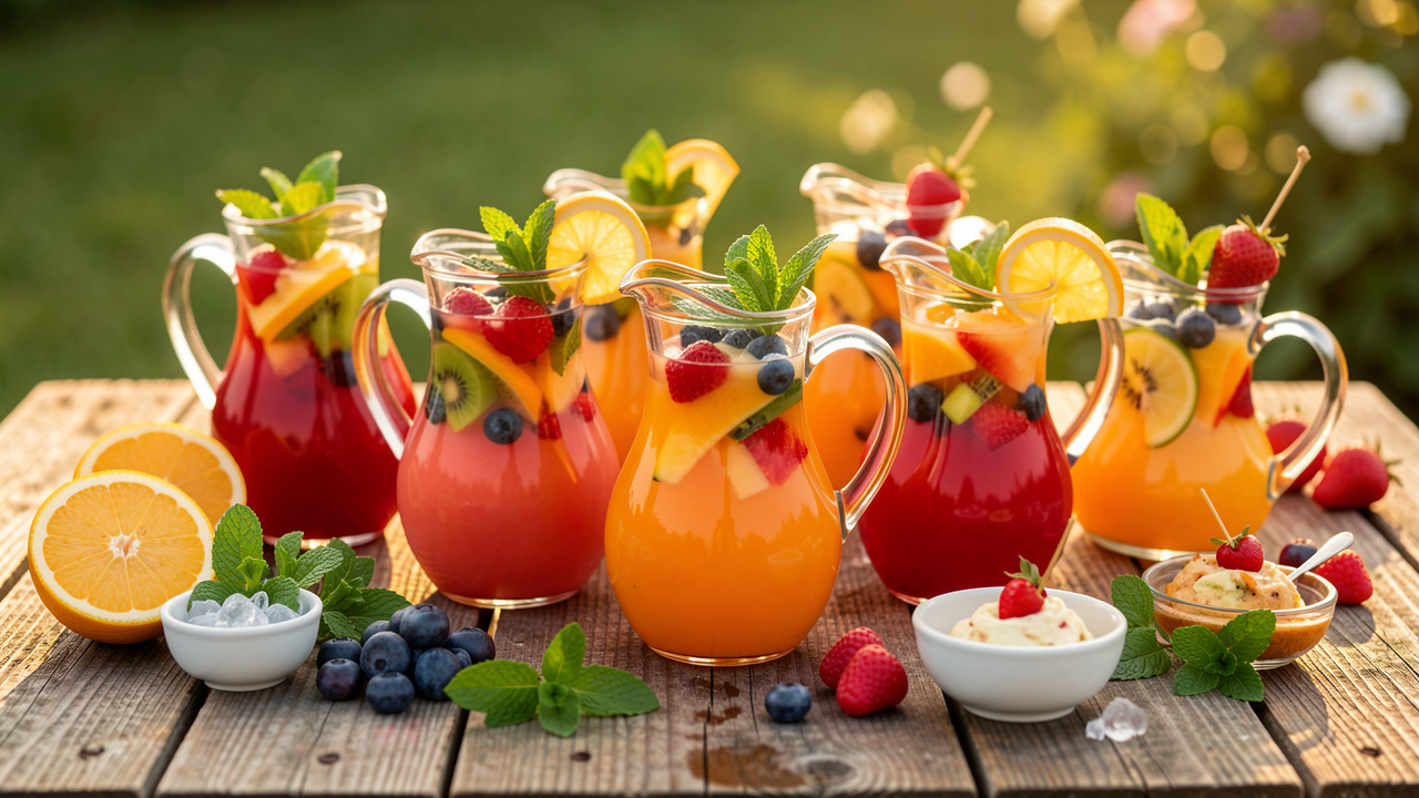 Six pichets en verre remplis de cocktails colorés, entourés de fruits frais, de menthe, de glaçons et de petits bols pour l’apéritif.
