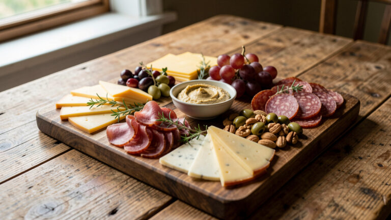 Planche apéritive gourmande équilibrée sur une table en bois, avec fromages, charcuterie, olives, raisins, noix et houmous, éclairage naturel et rendu photo réaliste.