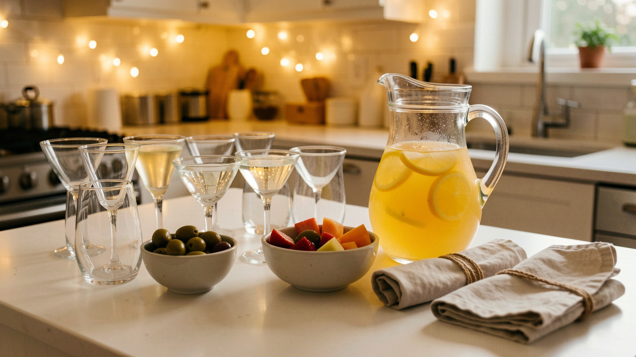 Bar à cocktails d’apéritif convivial, verres et carafes de boissons pétillantes citronnées, olives et fruits coupés, serviettes en lin et éclairage chaleureux, ambiance prête à recevoir sans stress.