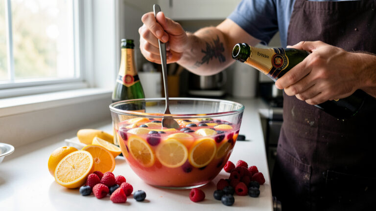 Préparation d’un punch d’apéritif maison dans un grand saladier transparent, avec des rondelles d’agrumes, des baies et une boisson pétillante prête à être versée, éclairage naturel et style photo documentaire.