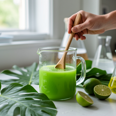 Gros plan réaliste d’un bécher contenant du jus vert, avec une cuillère en bois et des feuilles de jungle et des limes autour, ambiance lumineuse et pédagogique.