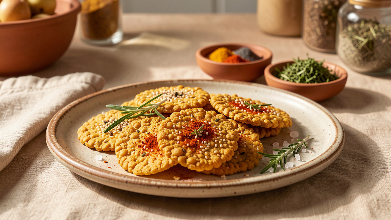 Crackers apéritifs dorés à la farine de pois chiches, présentés avec du sésame, du paprika fumé, du romarin, du sel marin et des herbes fraîches.