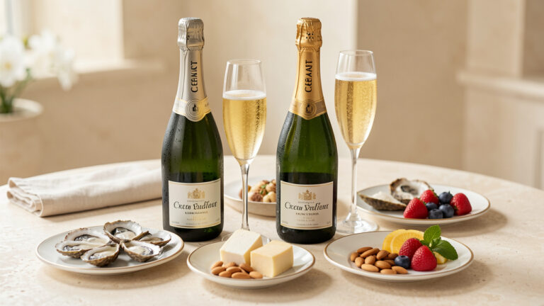 Composition élégante pour un apéritif au crémant avec bouteilles fraîches, flûtes de vin pétillant et accompagnements variés comme huîtres, fromage, amandes et fruits.