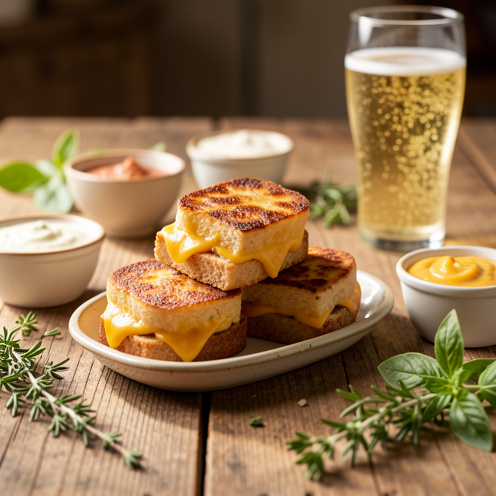 Petits croque-monsieur dorés sur un plateau en céramique, prêts pour un apéritif à partager, avec quelques sauces, herbes fraîches et verres de boisson.