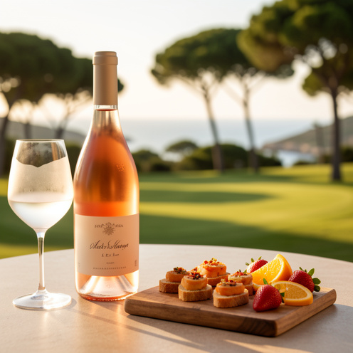 Bouteille de vin rosé et verre rafraîchi posés sur une table en terrasse, accompagnés de bouchées apéritives méditerranéennes, fraises et agrumes, au fond un paysage évoquant un golf près de la mer.
