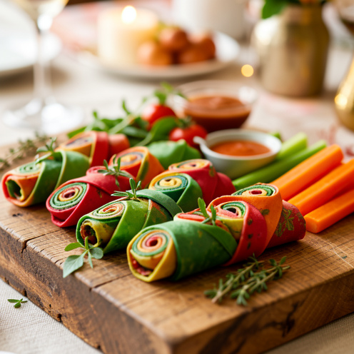 Table festive avec des wraps apéritifs colorés, disposés en spirales sur une planche en bois, avec légumes frais et herbes, éclairage doux et détails réalistes.