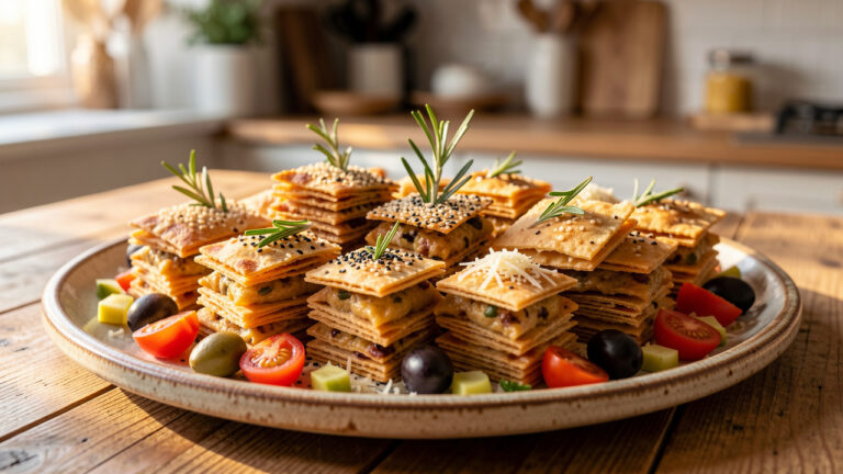 Assortiment de gaufrettes salées dorées et croustillantes, garnies de romarin, sésame, fromage, olives et légumes colorés sur un plat en céramique.