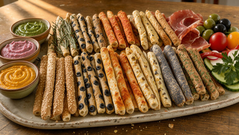Plateau rustique de gressins apéritifs maison aux huit parfums, accompagné de dips colorés, de charcuteries, d’olives et de légumes frais.