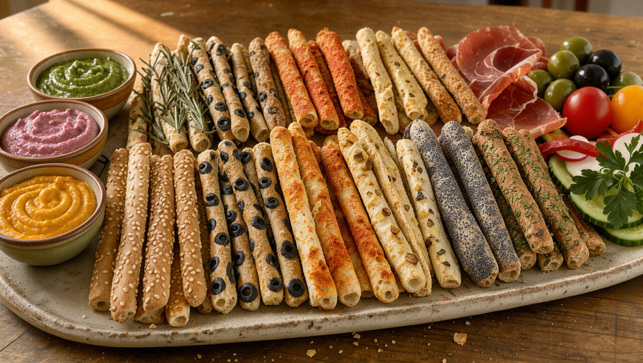 Plateau rustique de gressins apéritifs maison aux huit parfums, accompagné de dips colorés, de charcuteries, d’olives et de légumes frais.