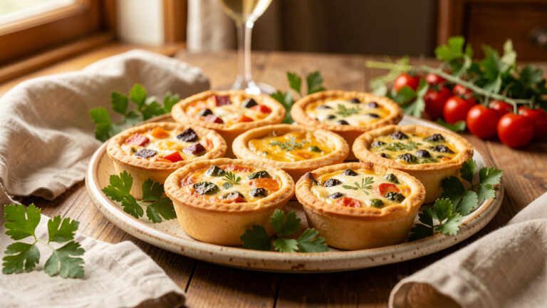 Huit mini-quiches dorées aux garnitures variées, présentées sur un plat rustique avec des herbes fraîches et des tomates cerises.