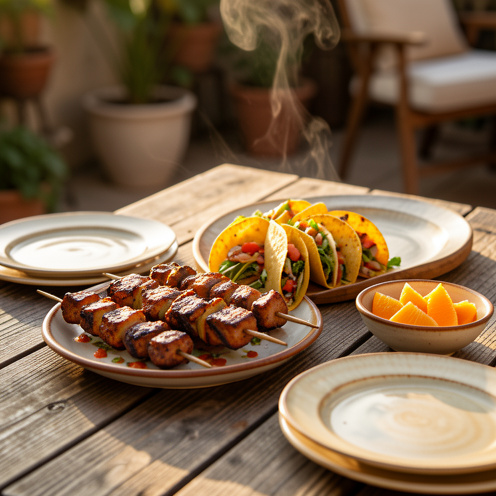 Table rustique avec grillades en brochettes, tacos aux couleurs vives, salsa et quartiers d’orange, ambiance apéritif chaleureuse avec lumière dorée.