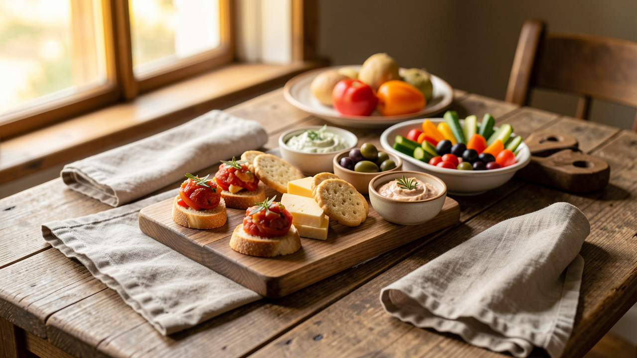 Table rustique dressée pour un apéritif de fête avec plusieurs bouchées faciles à préparer : mini bruschettas, fromages et crackers, olives et légumes, éclairage naturel chaleureux.