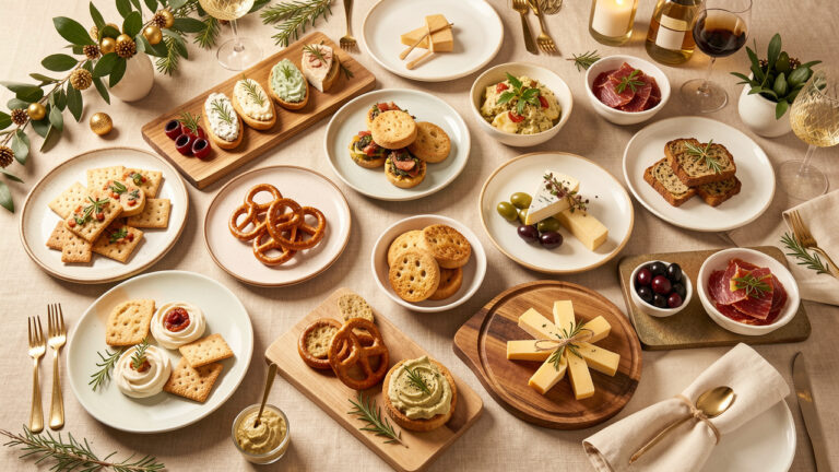 Table garnie de quinze bouchées apéritives faciles à composer avec des biscuits salés, des crackers, du fromage, des olives, des tartinades et des herbes fraîches.