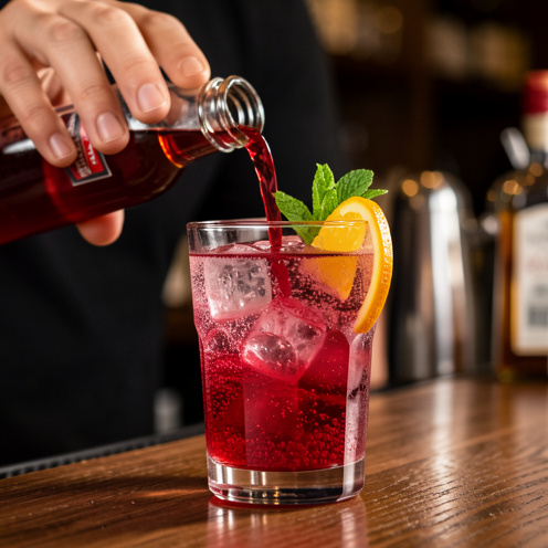 Verre de boisson rafraîchissante à la grenadine avec des glaçons, un ruban de sirop rouge versé, de l’eau pétillante, une tranche d’agrume et des feuilles de menthe, éclairage de soirée doux et reflets réalistes.