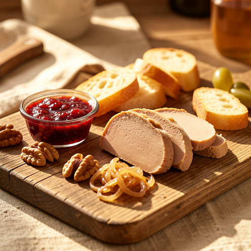 Planche en bois rustique avec tranches de foie gras et accompagnements pour l’apéritif : confiture de figues, noix, oignons caramélisés et cornichons, sous une lumière chaleureuse.