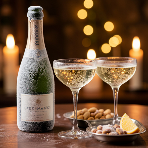Bouteille de champagne glacée avec gouttelettes de condensation, verres à champagne remplis de bulles et ambiance apéritive dorée et chaleureuse.