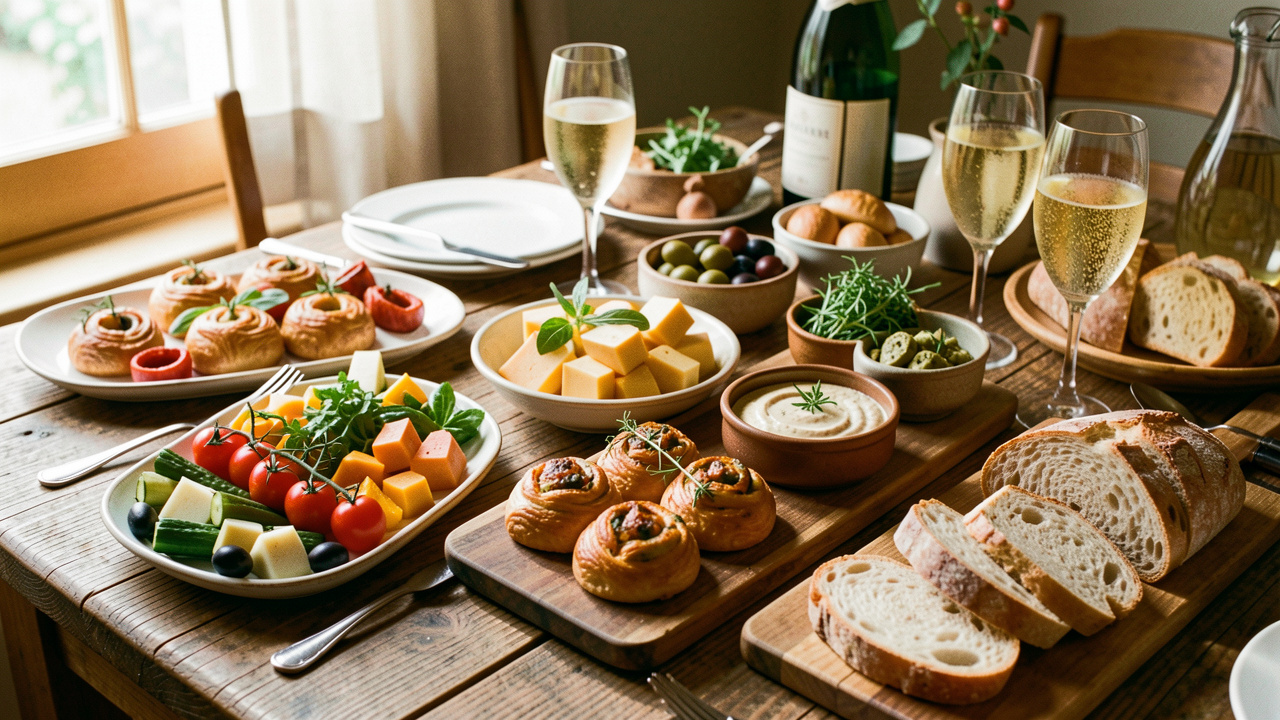Table conviviale garnie d’un apéritif dînatoire varié avec légumes, feuilletés, fromages, olives, tartinades, pain et boissons pétillantes.