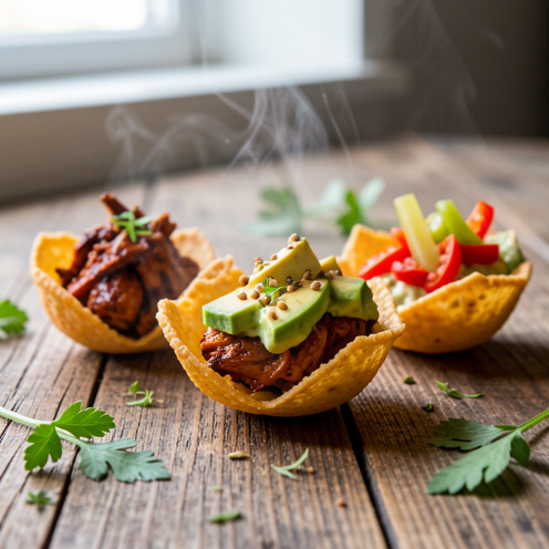 Photo réaliste d’un apéritif antillais avec des mini bokits garnis de trois compositions colorées sur une table en bois, éclairage naturel et effet de profondeur de champ.