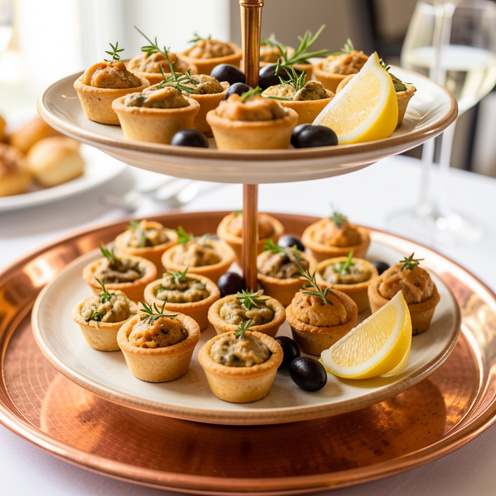 Plateau de bouchées salées pour apéritif, avec mini tartes, pâtisseries garnies, herbes fraîches, olives et quartiers de citron, lumière douce et ambiance réception.