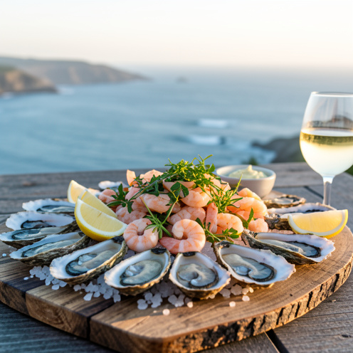 Planche apéritive de la mer sur un plateau en bois, avec huitres, crevettes, quartiers de citron, herbes fraîches, sel marin et verres de boisson sur une terrasse au bord de l’eau.