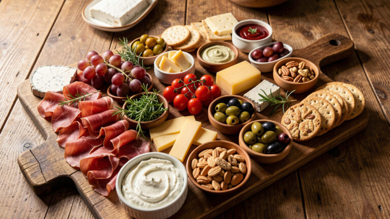 Planche apéritive généreuse pour six personnes avec charcuteries, fromages, olives, raisins, tomates cerises, crackers, noix et sauces.