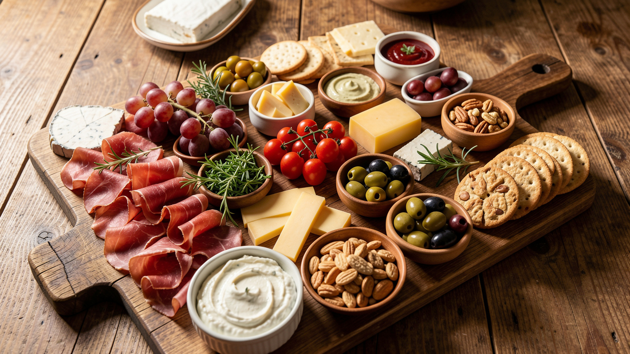 Planche apéritive généreuse pour six personnes avec charcuteries, fromages, olives, raisins, tomates cerises, crackers, noix et sauces.