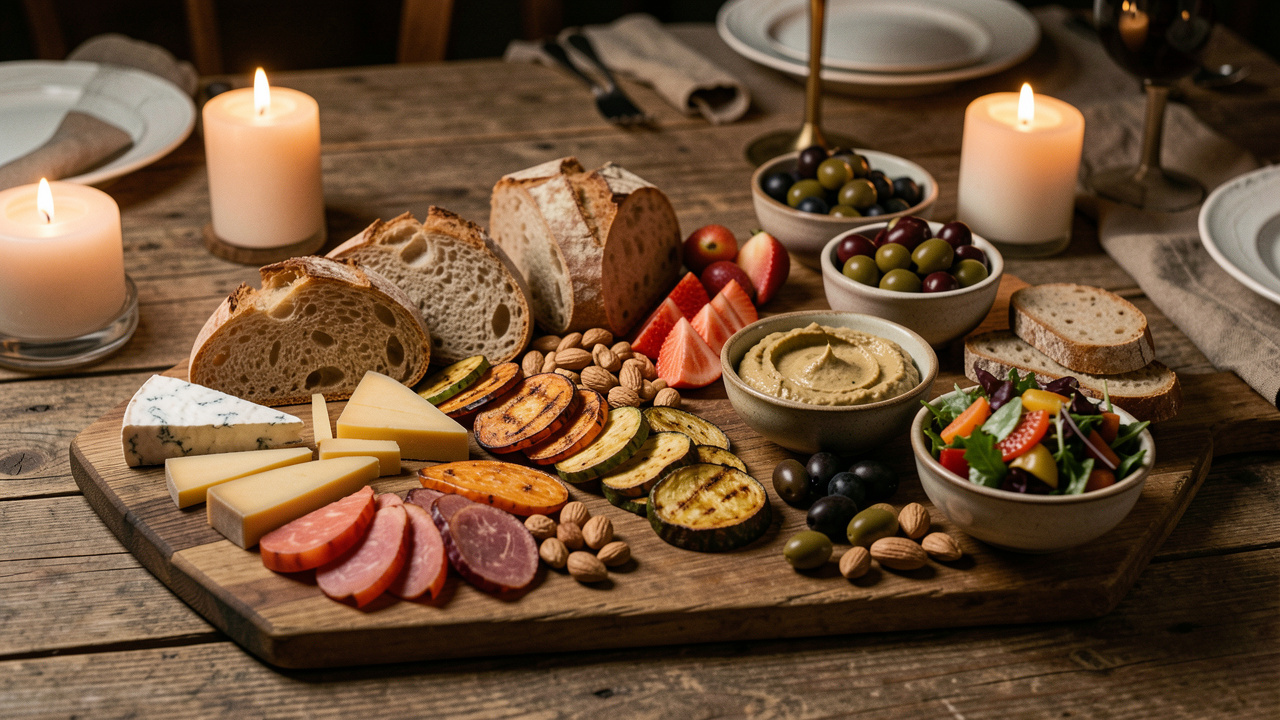 Planche apéritive garnie de fromages, légumes rôtis, fruits, pain, houmous, olives, noix et salade pour un dîner convivial et complet.