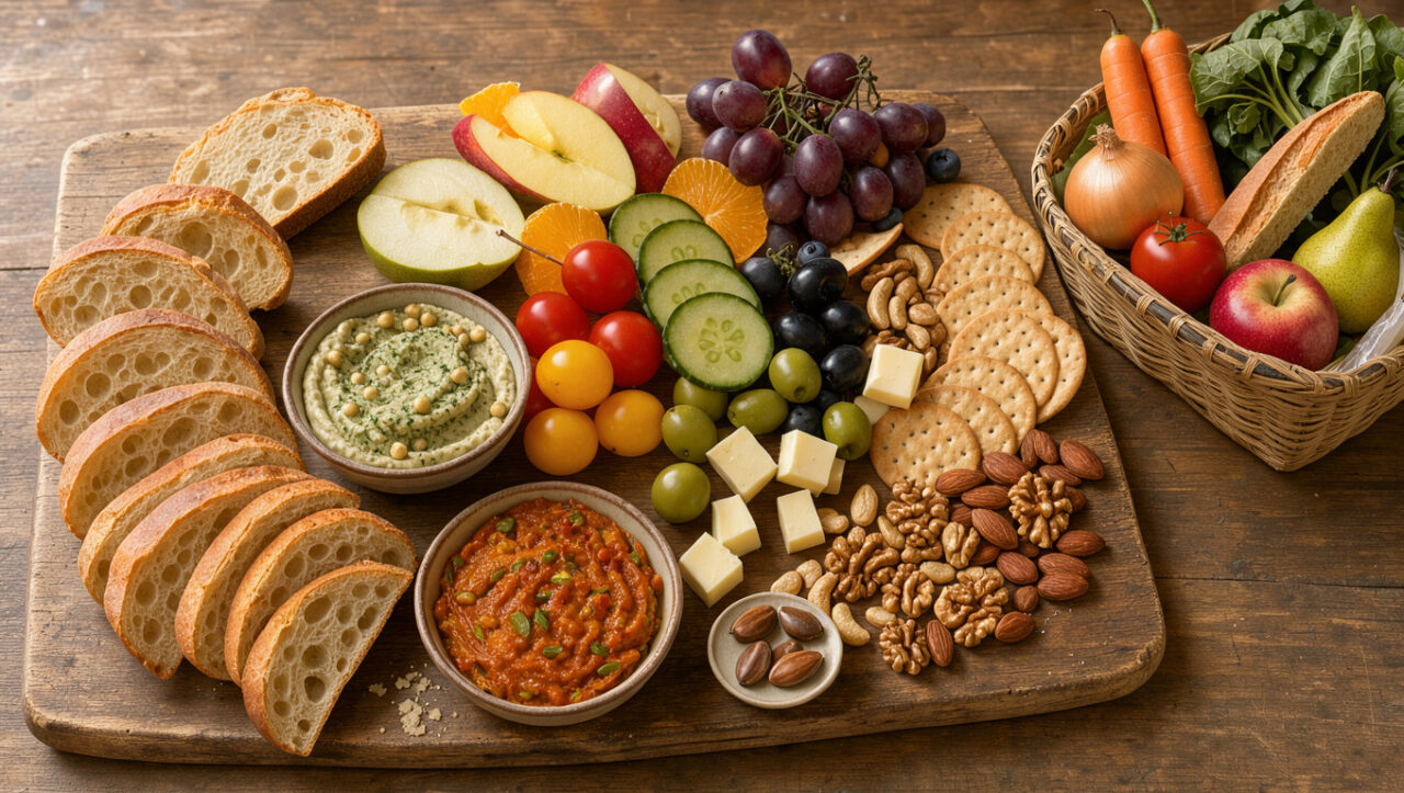 Planche apéritive économique garnie de légumes, fromage, pain, fruits, olives, crackers et noix sur une table en bois.