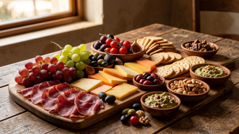 Planche apéritive colorée composée de fromages, charcuteries, fruits, olives, tomates cerises, crackers et tartinades, présentée sur une table en bois.