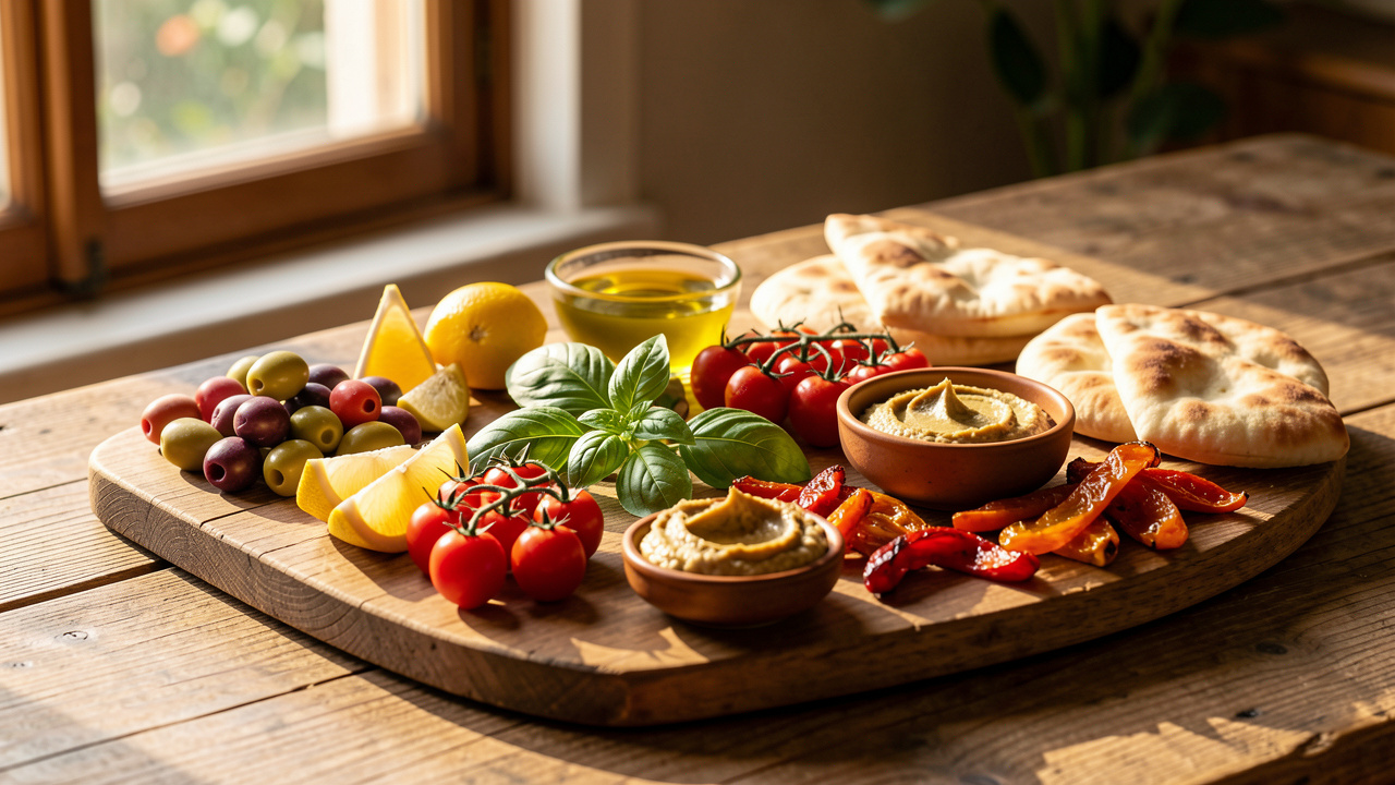 Planche apéritive méditerranéenne ensoleillée avec olives, quartiers de citron, tomates cerise, basilic, poivrons rôtis, houmous et pain, sur une table en bois rustique.
