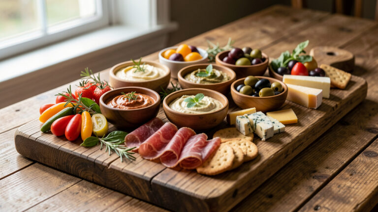 Planche apéritive de saison sur un plateau en bois, avec des bouchées variées, des dips, des herbes fraîches et des légumes colorés, éclairage naturel et rendu photographique.