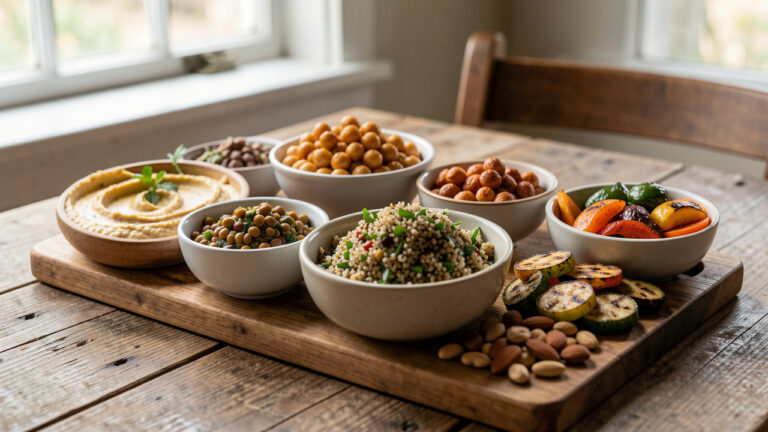 Planche apéritive végétarienne riche en protéines, avec houmous, salade de lentilles, pois chiches grillés, quinoa et légumes rôtis, disposés sur une table en bois sous une lumière naturelle.