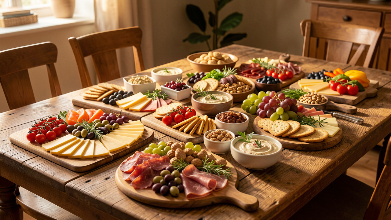 Assortiment de planches apéritives complètes avec fromages, charcuterie, olives, fruits, légumes, crackers et tartinades, disposées sur une table rustique.