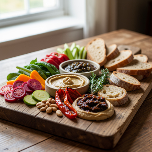 Planche végétarienne gourmande avec houmous, légumes colorés rôtis, herbes fraîches, olives et noix, présentée sur une planche en bois à la lumière naturelle.