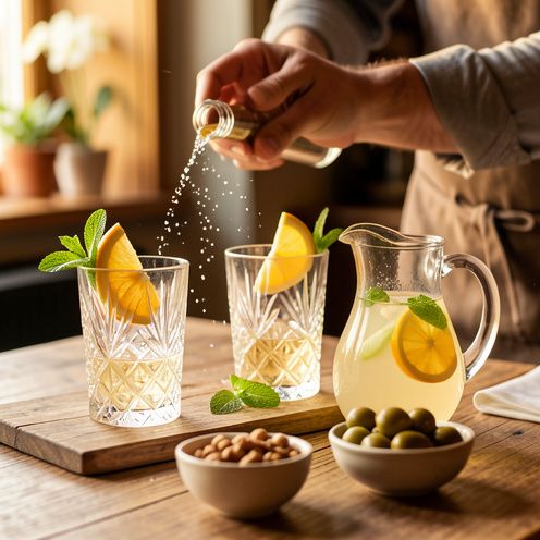 Table en bois pour l’apéritif, deux verres en cristal remplis, une carafe de boisson dorée, rondelles d’agrumes, feuilles de menthe, olives et noix, lumière chaude et ambiance bistro.