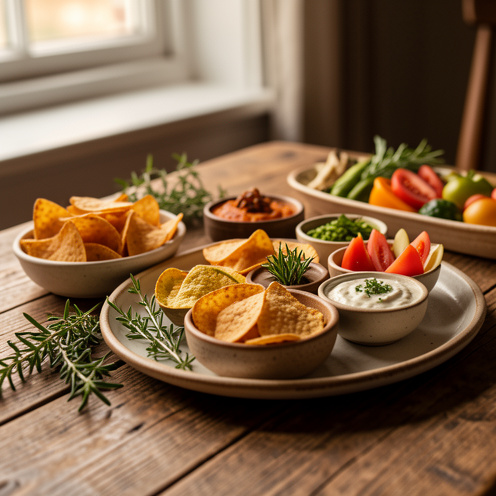 Disposition d’en-cas salés et de petites assiettes d’apéritif sur une table en bois, avec herbes fraîches, légumes et une sauce crémeuse, sous une lumière douce et chaleureuse.