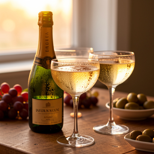 Gros plan réaliste d’une bouteille de champagne bien fraîche et de coupes en cristal, avec des bulles dorées et des condésations, sur une table en bois, ambiance apéritive chaleureuse.